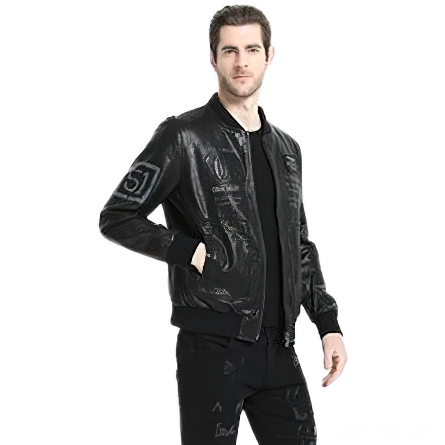Black leather biker jacket side three-quarter view with sleeve print and zipper pockets