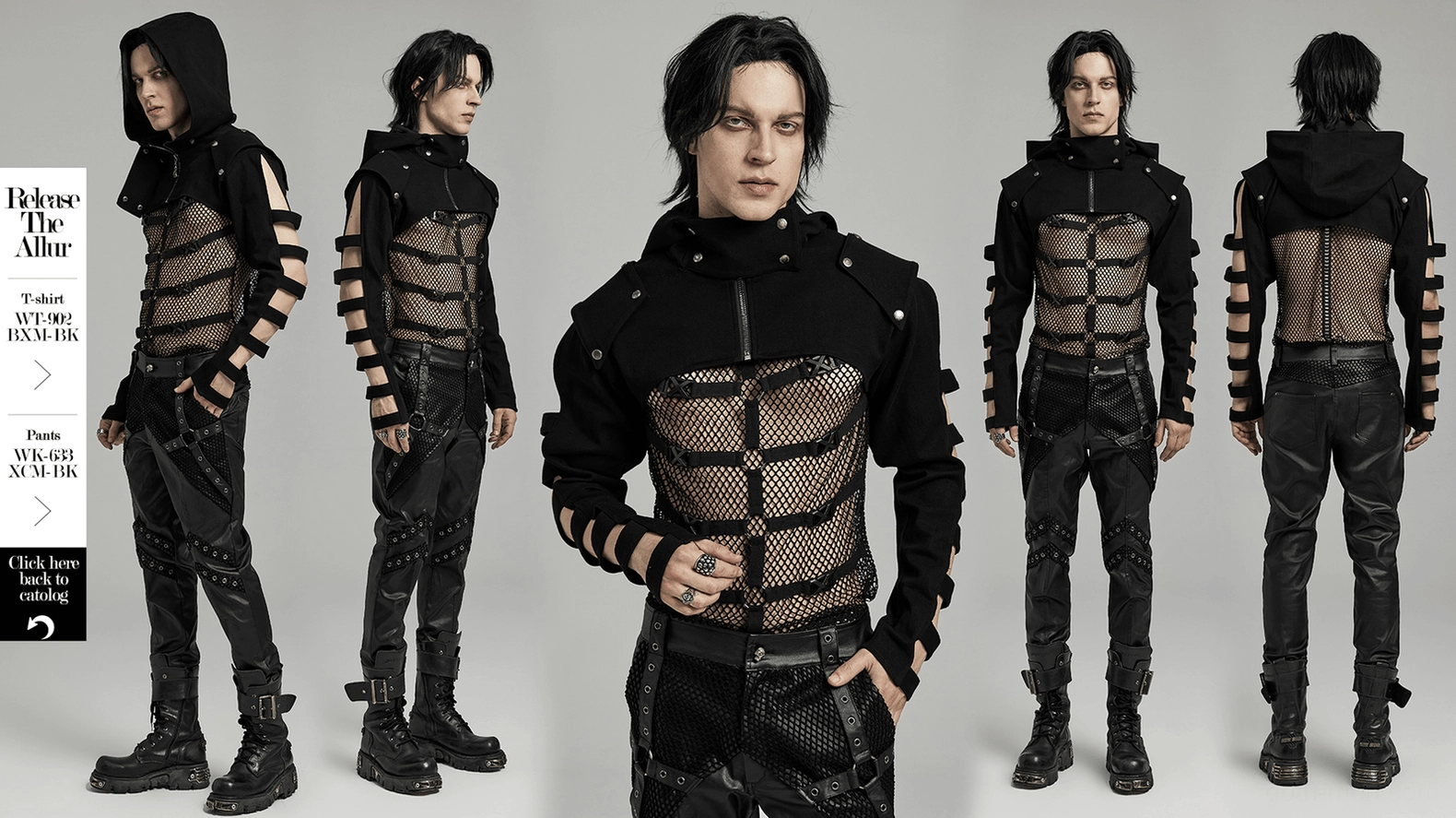 Black gothic cropped hooded jacket size comparison flat lay across multiple size range display
