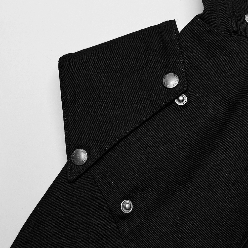 Black gothic cropped jacket close-up of silver snap buttons and reinforced fold-over collar construction