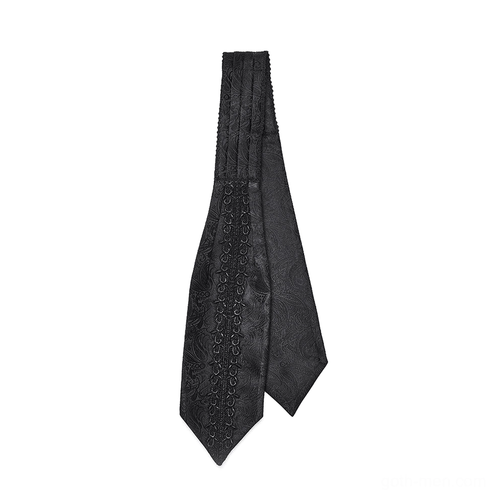 Black gothic jacquard ascot tie with lace panel embroidery, hanging flat display on white background