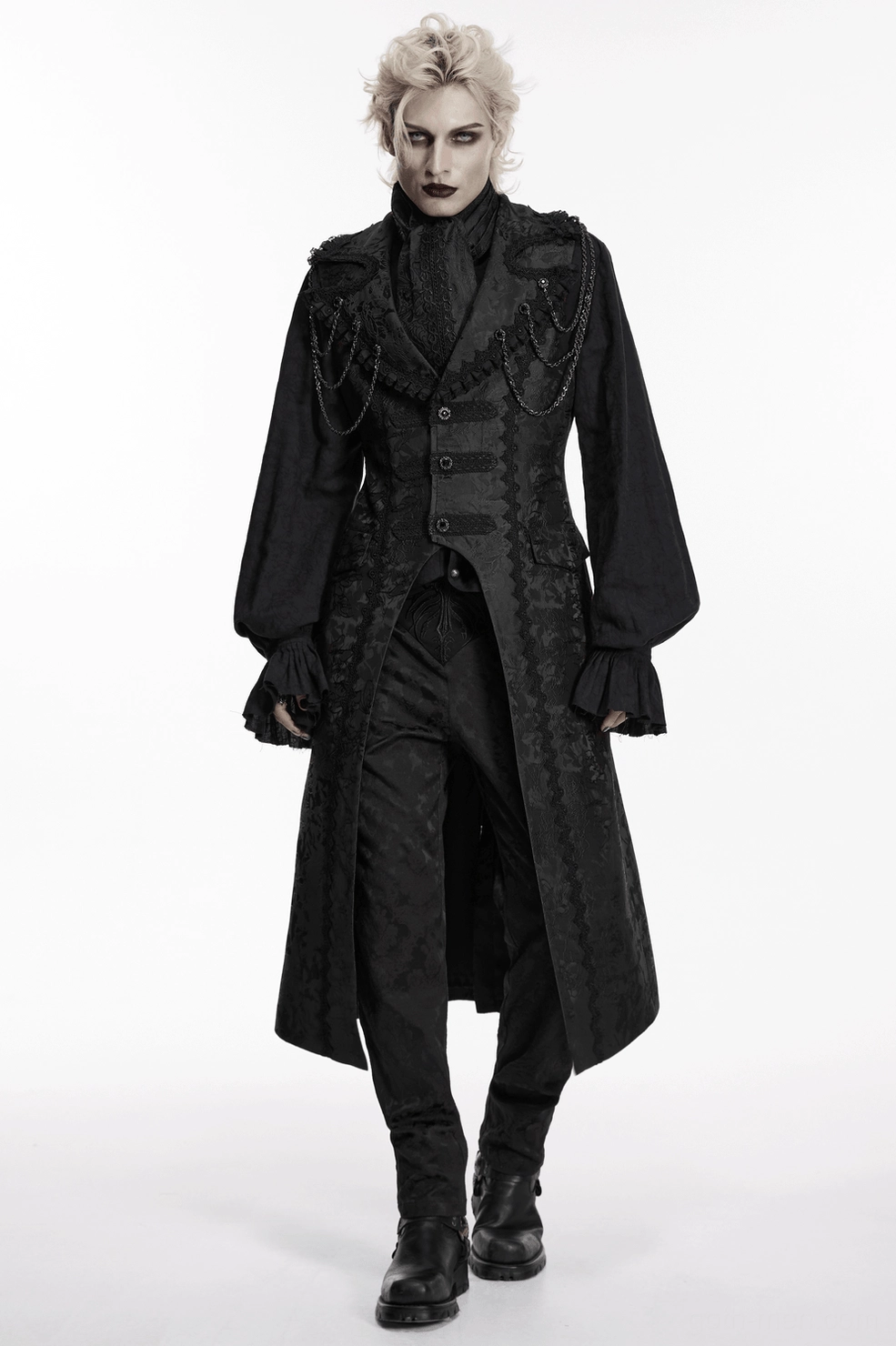 Black gothic jacquard ascot tie detail shot showing intricate weave pattern and formal construction