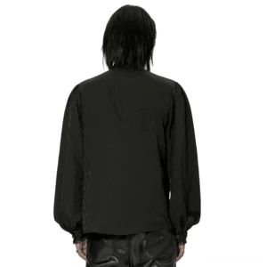 Black jacquard gothic shirt back full-body view with puffed sleeves and scaled texture