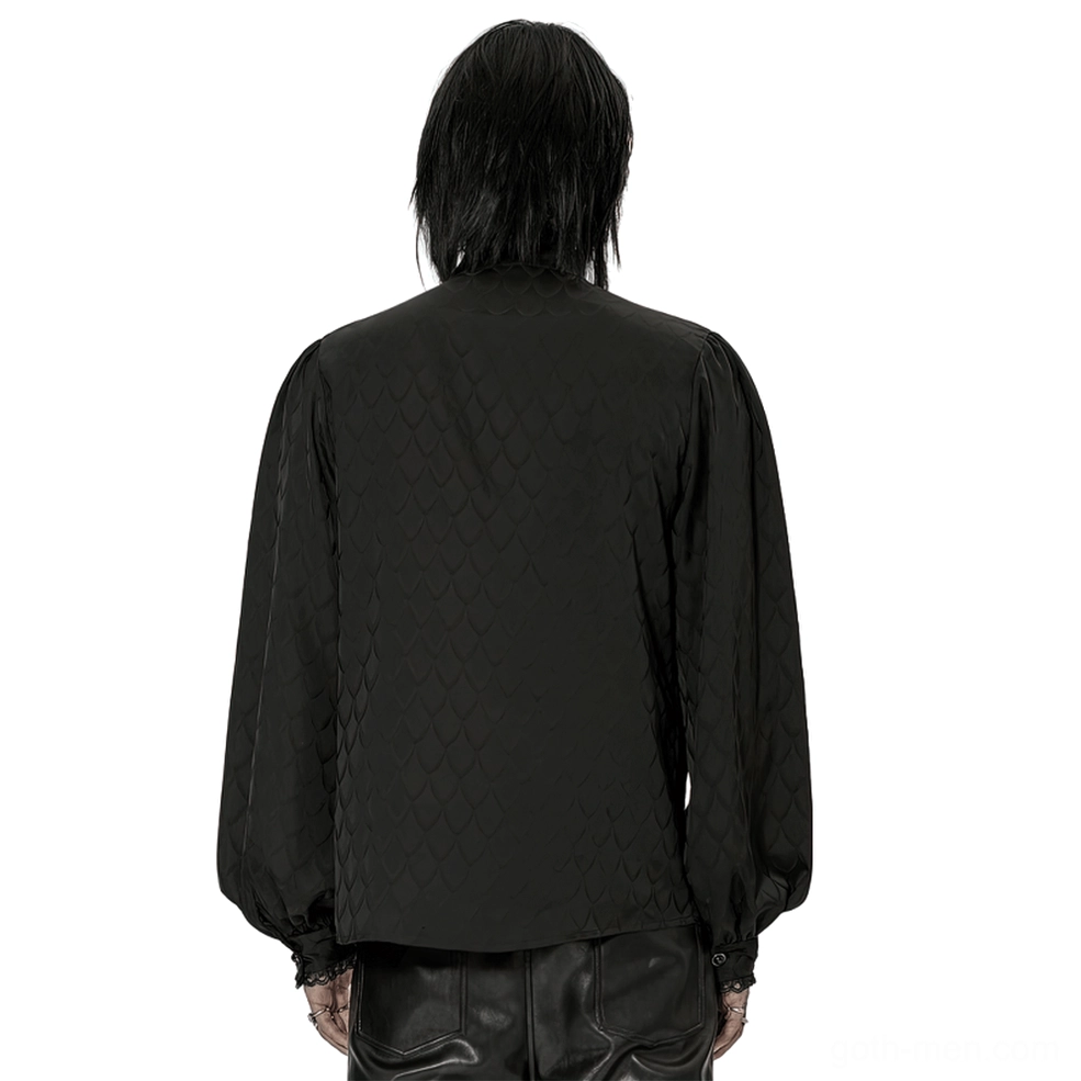 Black jacquard gothic shirt back full-body view with puffed sleeves and scaled texture