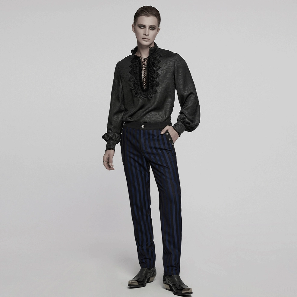 Black gothic shirt with jacquard weave and bishop sleeves displayed from alternative angle