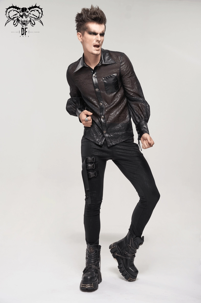 Full-length view of black gothic transparent jacquard shirt demonstrating loose fit silhouette and versatile layering capability