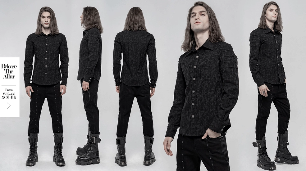 Black jacquard gothic shirt with skull buttons - full product overview on white background