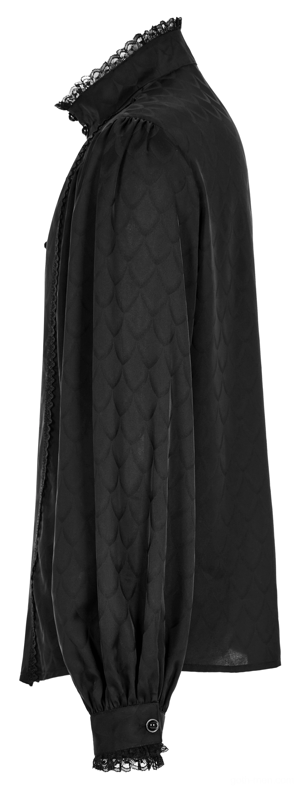 Black jacquard gothic shirt side view showing ruffled lace collar and gathered puff sleeves
