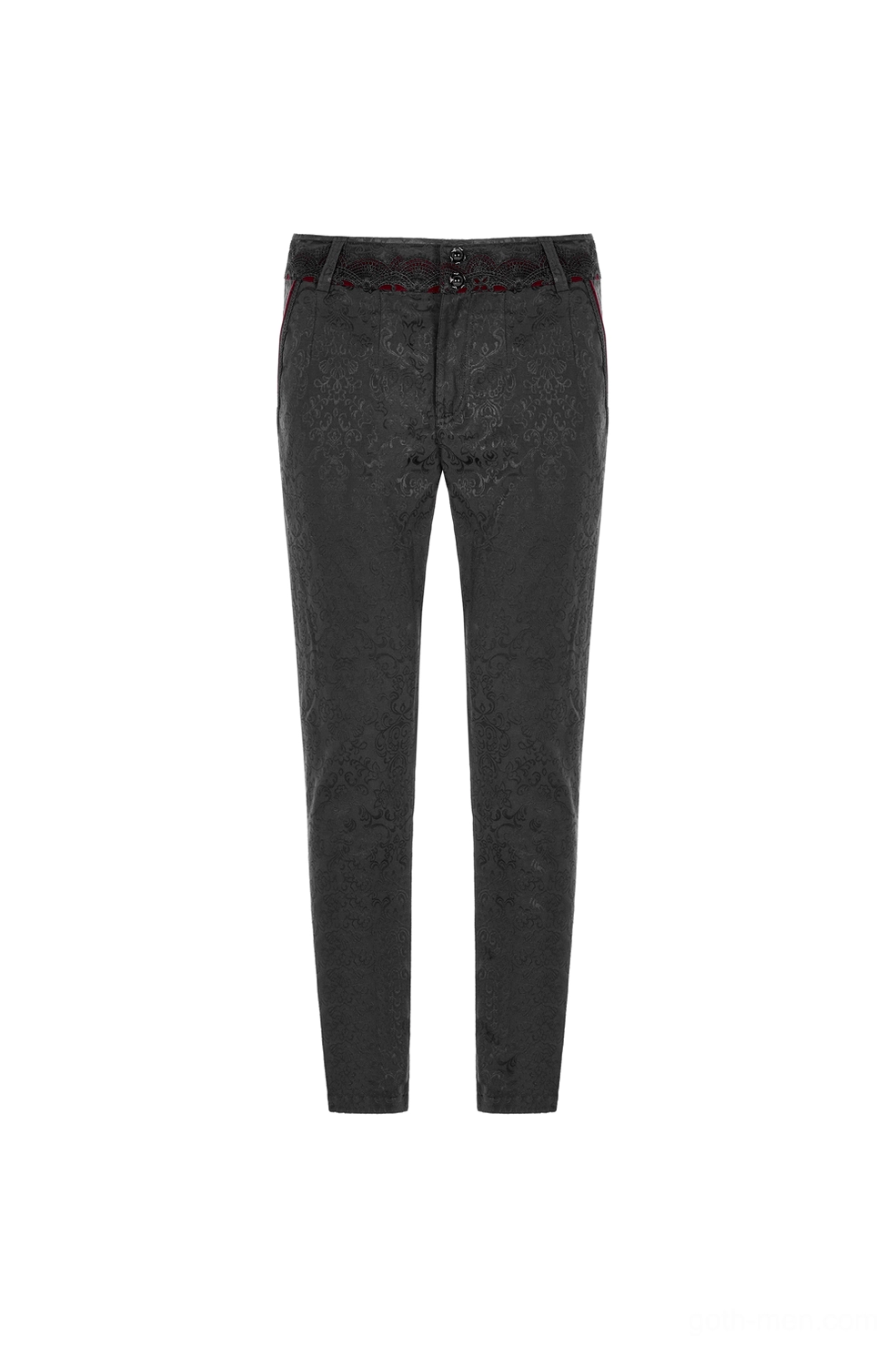 Black gothic jacquard slim-fit pants rear flat lay showing welt back pockets and dark red waistband detail