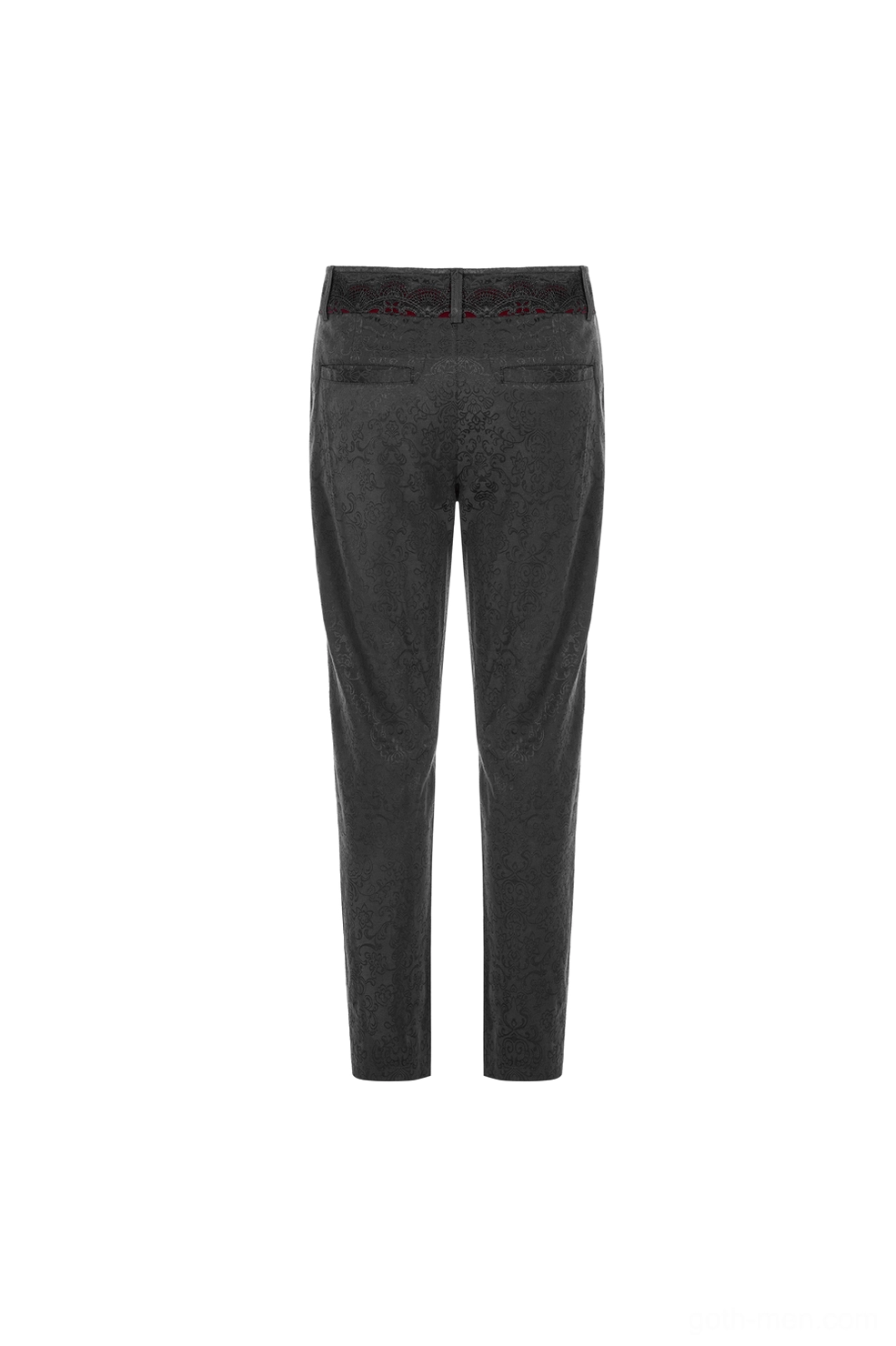 Black gothic jacquard slim-fit pants rear flat lay featuring minimalist welt back pocket design and intricate jacquard pattern