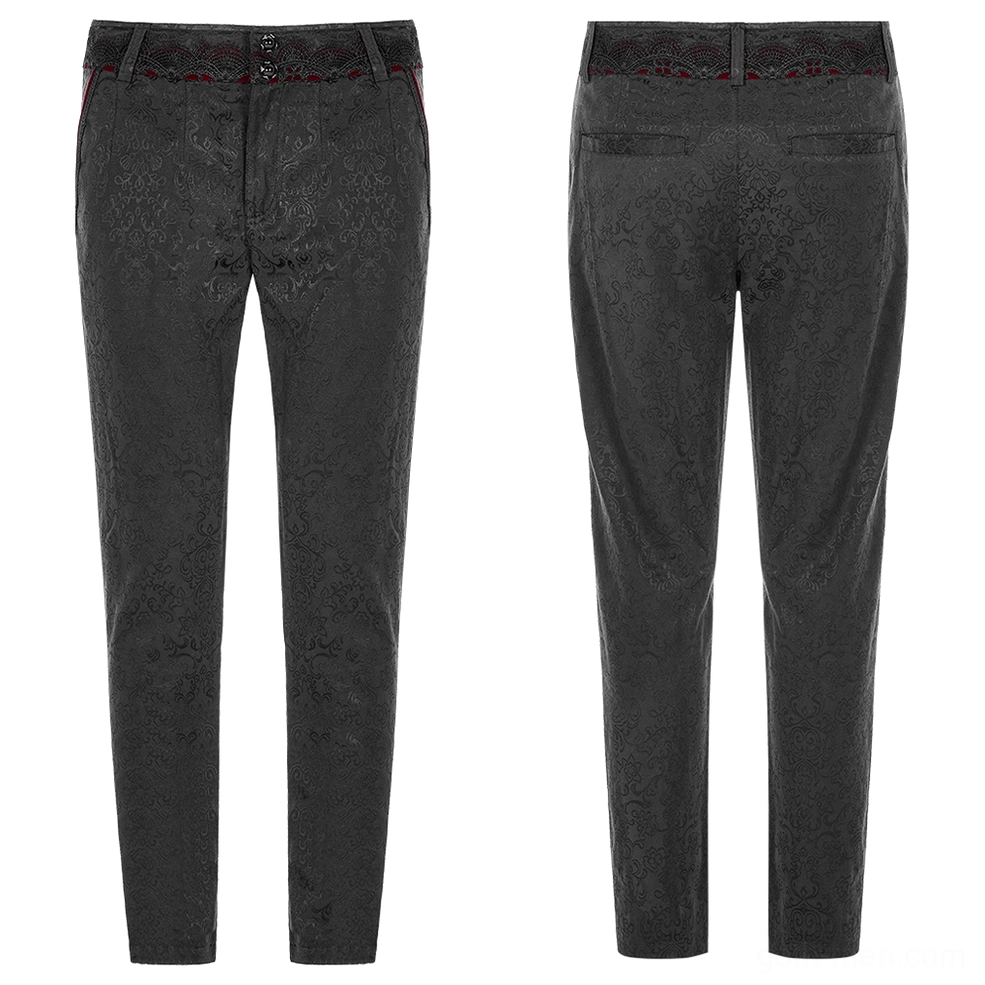 Black gothic jacquard slim-fit pants front flat lay, displaying dark floral jacquard fabric and red lace trim at waist