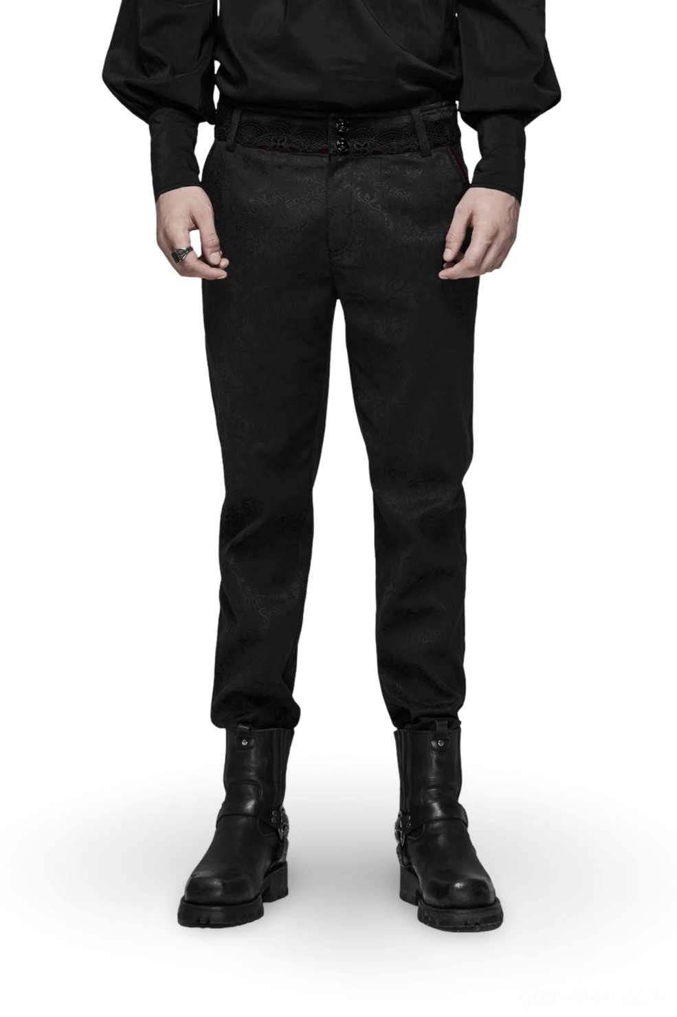 Black gothic jacquard slim-fit pants front full-body view on male model, featuring red lace waist detail and metal buttons