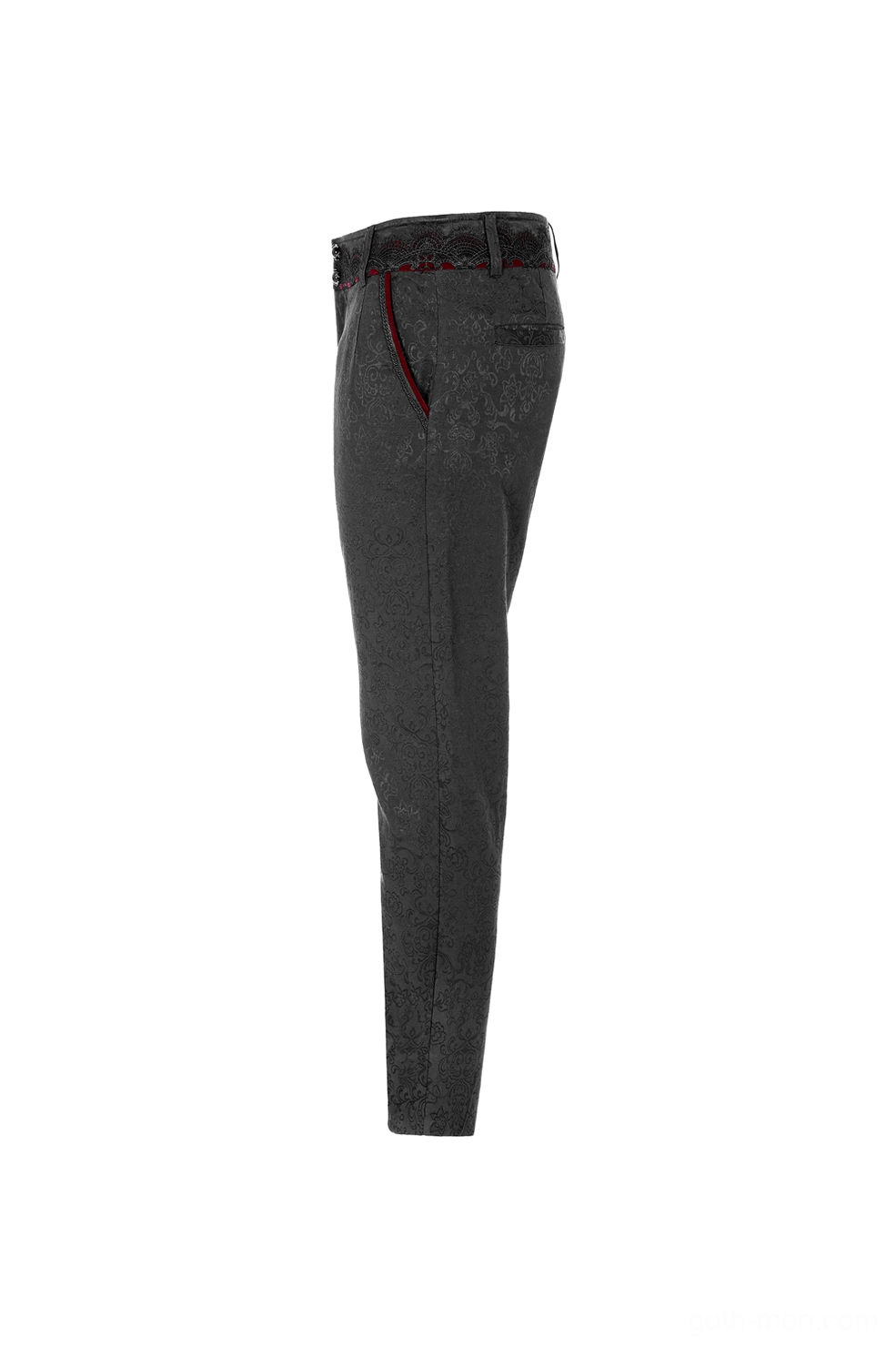 Black gothic jacquard slim-fit pants side profile view highlighting red side stripe and tailored slim silhouette
