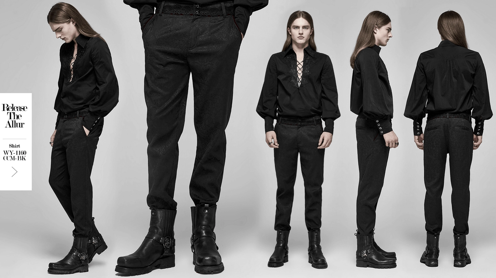 Black gothic jacquard slim-fit pants complete front view on male model with styling suggestions for gothic fashion and alternative wear