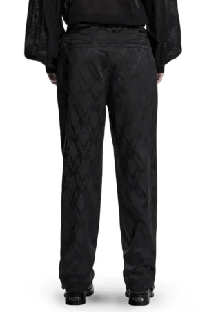 Black gothic jacquard tapered trousers rear full view displaying argyle jacquard pattern and tailored silhouette