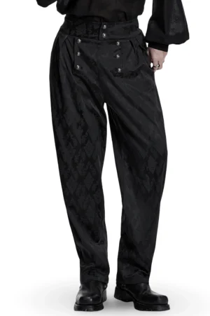 Black gothic jacquard tapered trousers front three-quarter view showing high waist and damask pattern