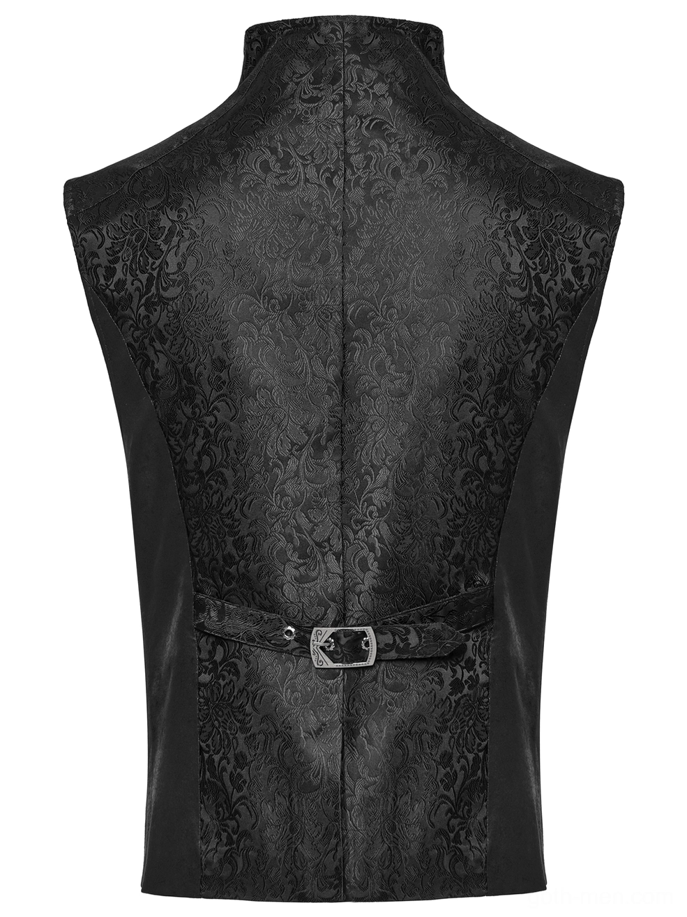 Black gothic jacquard waistcoat with ornamental back buckle and textured fabric - back flat view