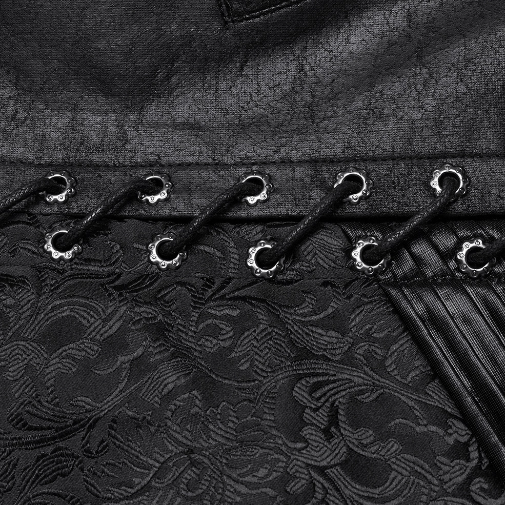 Black gothic jacquard waistcoat showing lace eyelets and floral pattern texture - side detail view