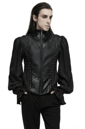 Black gothic jacquard waistcoat with ornate lace-up sides - front view on model
