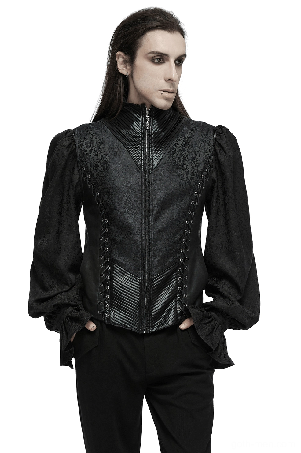 Black gothic jacquard waistcoat with ornate lace-up sides - front view on model