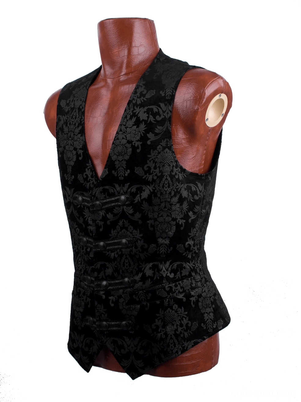 Three-quarter right side view of black gothic jacquard waistcoat on dress form, showing slim tailored fit