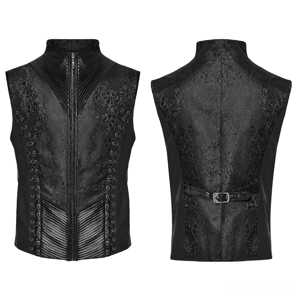 Black gothic jacquard waistcoat with stand collar and pleated lower section - flat lay display