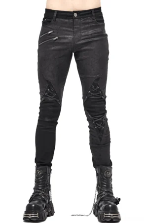 Black slim-fit gothic jeans front view on male model, showcasing lace-up knee details and dual side zipper pockets with punk boots