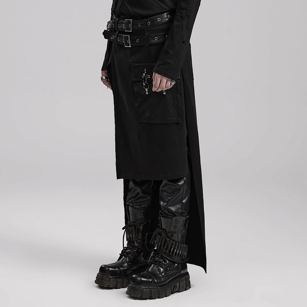 Black Gothic Asymmetrical Utility Kilt architectural detail showing asymmetrical front-back construction