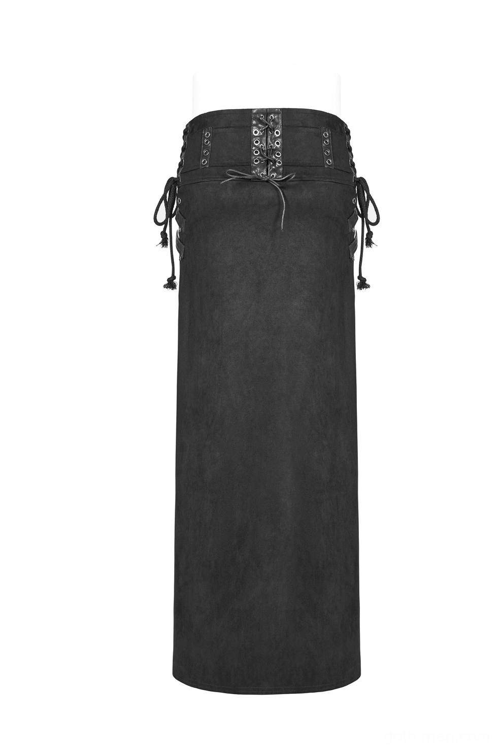 Black gothic kilt rear flat view showing back lace-up closure, side tie fasteners, and solid matte black fabric construction