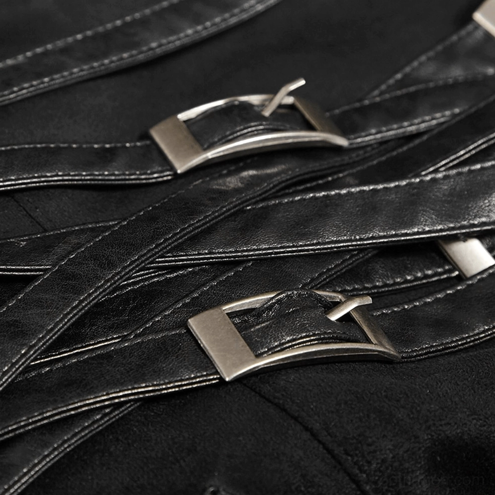 Close-up detail of black gothic kilt waist showing silver-toned metal buckles, layered faux leather straps, and stitched seams