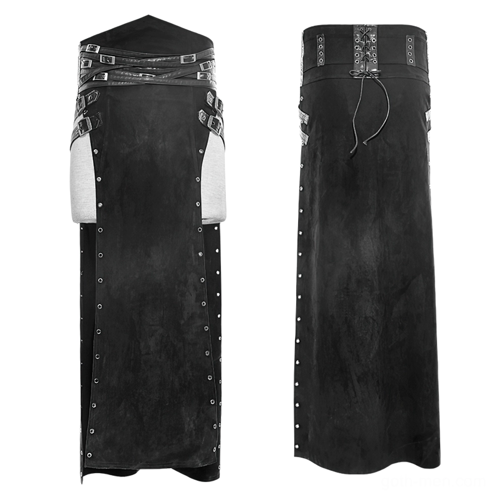 Black gothic kilt multiple angles showing multi-buckle waist straps, metal eyelet trim, and split side design on mannequins