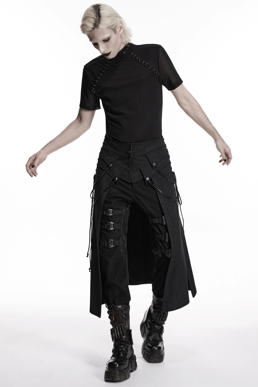 Black gothic kilt with visible chain decorations and panel seaming flat lay showing overall garment structure