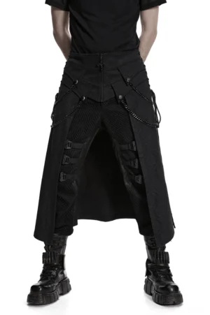 Black gothic kilt with chains and fish gill front panels worn by male model - front full body view showing structured layered design