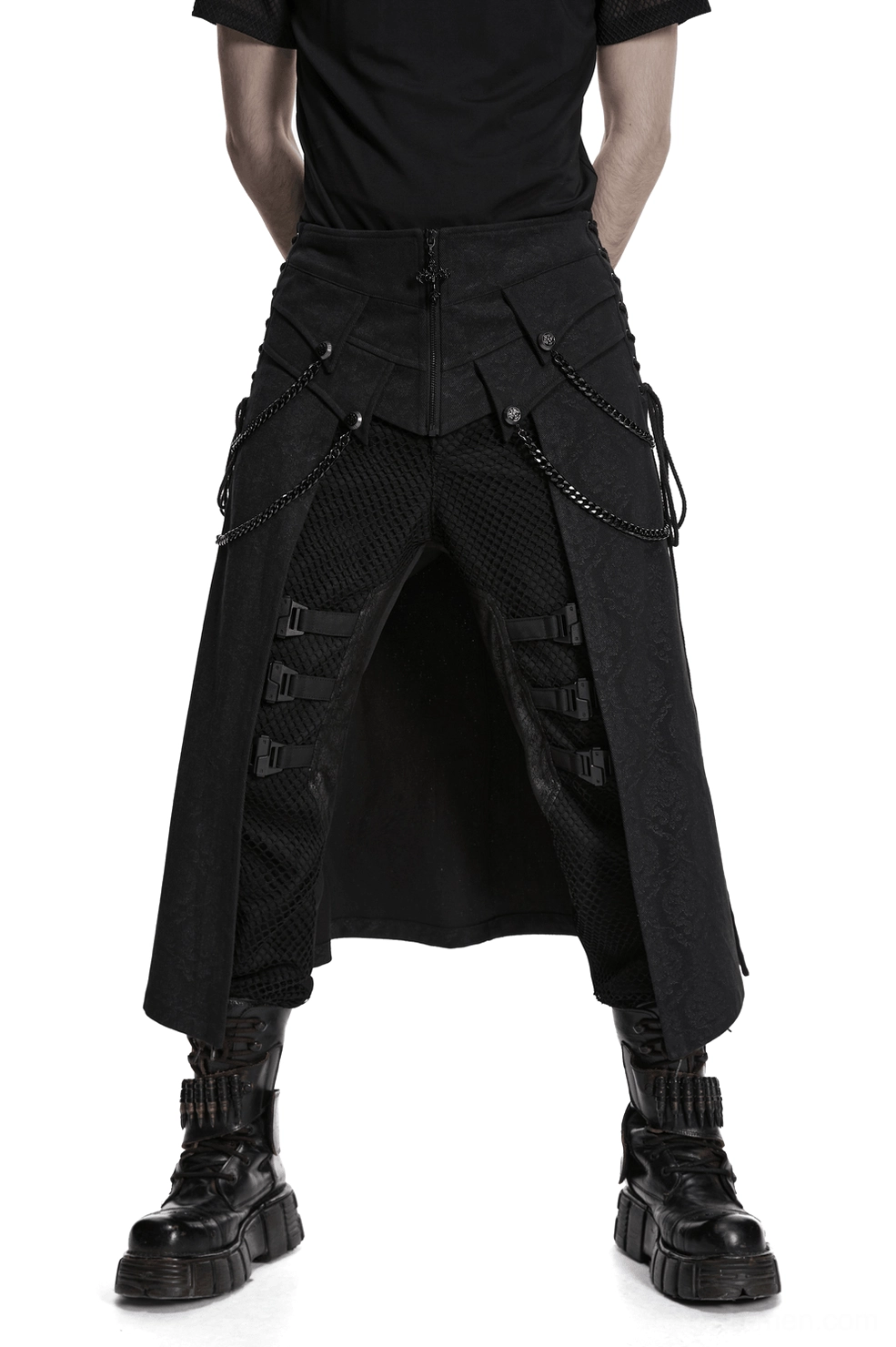 Black gothic kilt with chains and fish gill front panels worn by male model - front full body view showing structured layered design