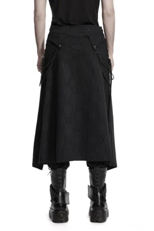 Black gothic kilt with lace-up back and draped chain details worn by male model - back full body view showcasing industrial elements