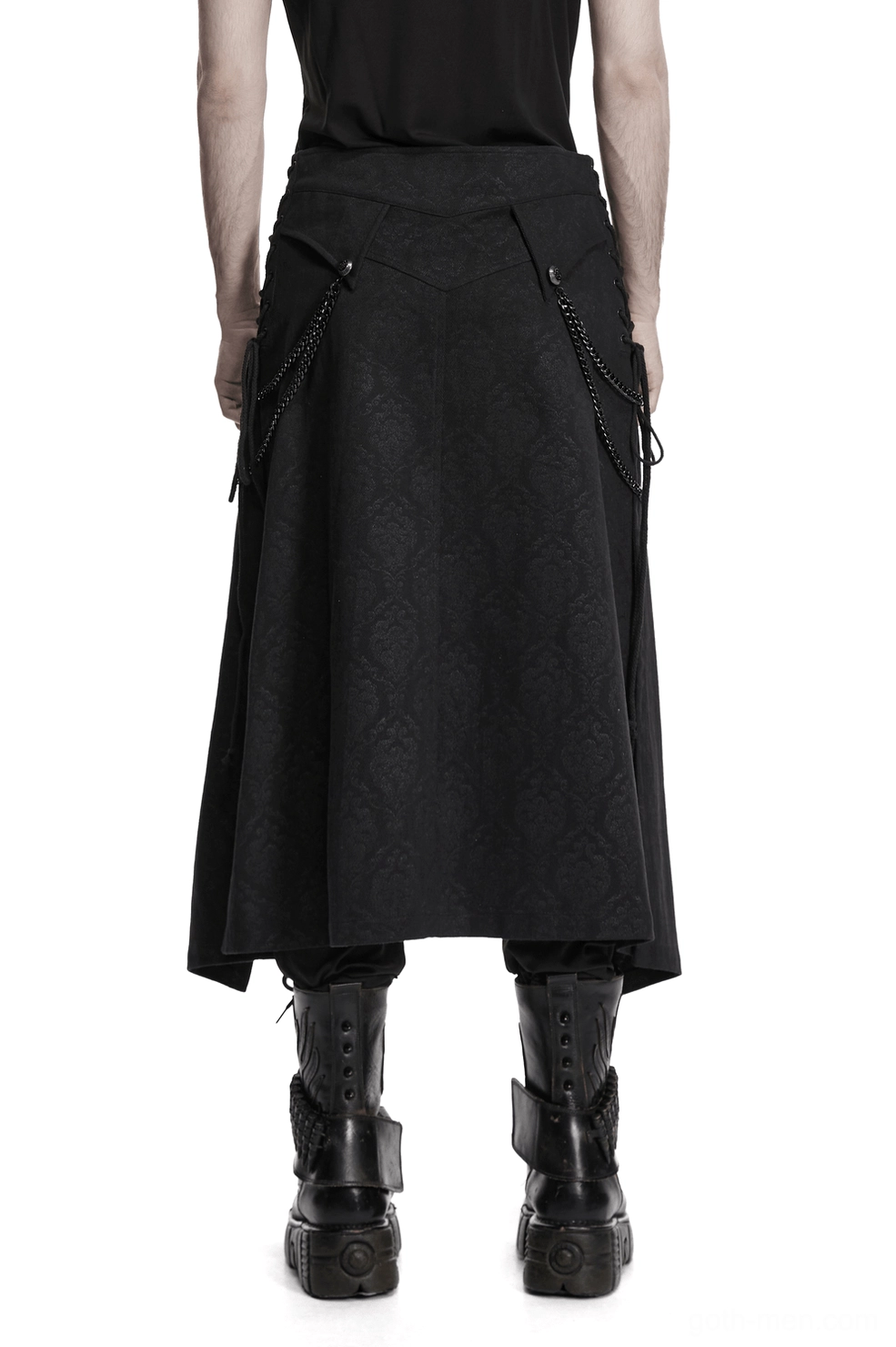 Black gothic kilt with lace-up back and draped chain details worn by male model - back full body view showcasing industrial elements