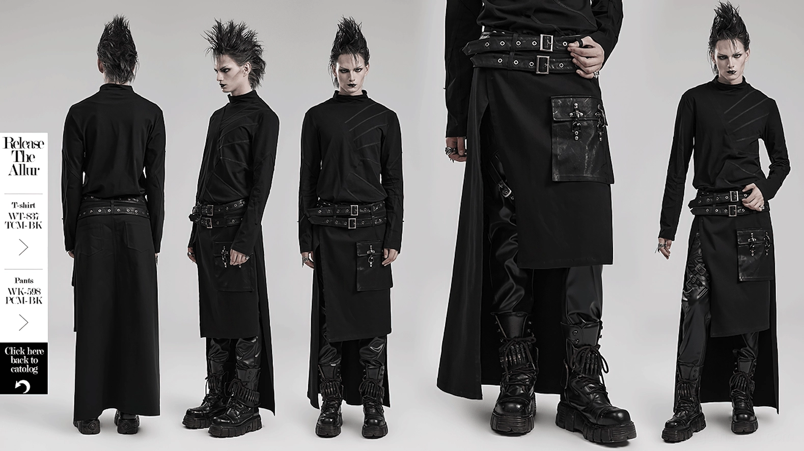 Black Gothic Asymmetrical Utility Kilt complete product presentation for alternative fashion styling