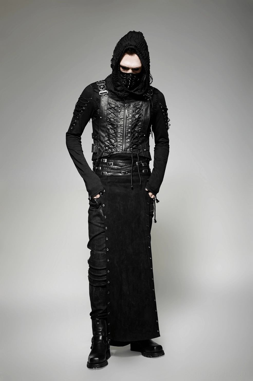 Black gothic kilt construction detail showing faux leather panels, buckle attachments, and quality craftsmanship