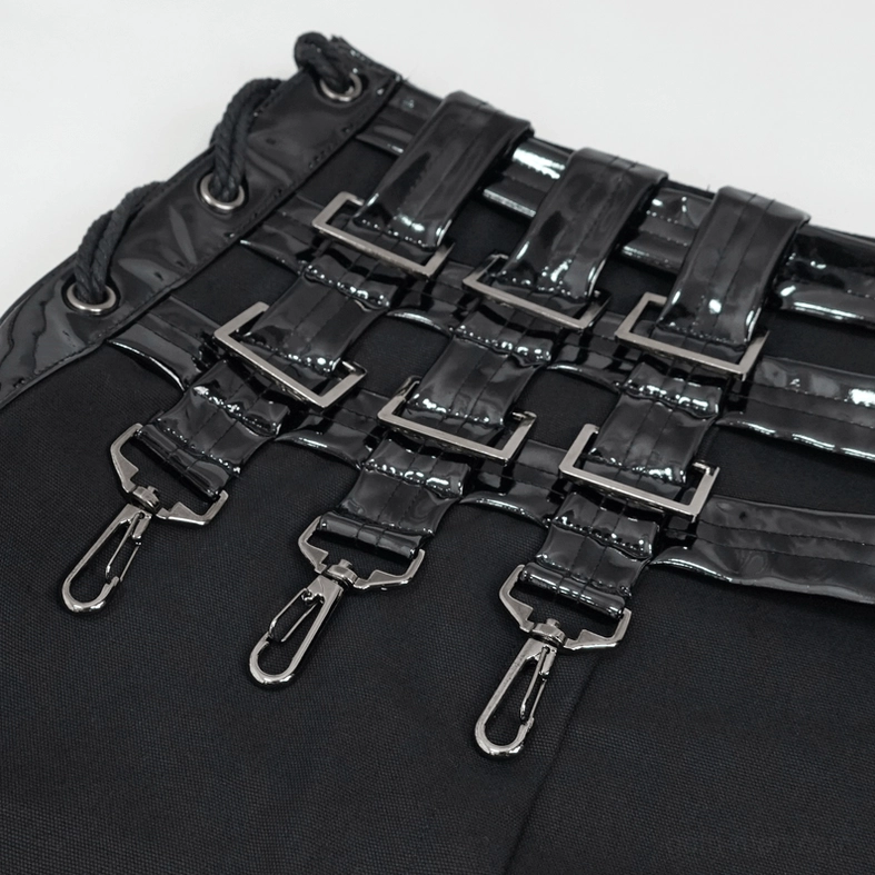 Detail view of gothic kilt skirt construction showing seaming, hardware placement, and material quality