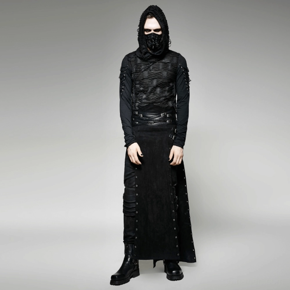 Black gothic kilt detail view highlighting corset-style lacing, metal eyelet placement, and gothic aesthetic elements