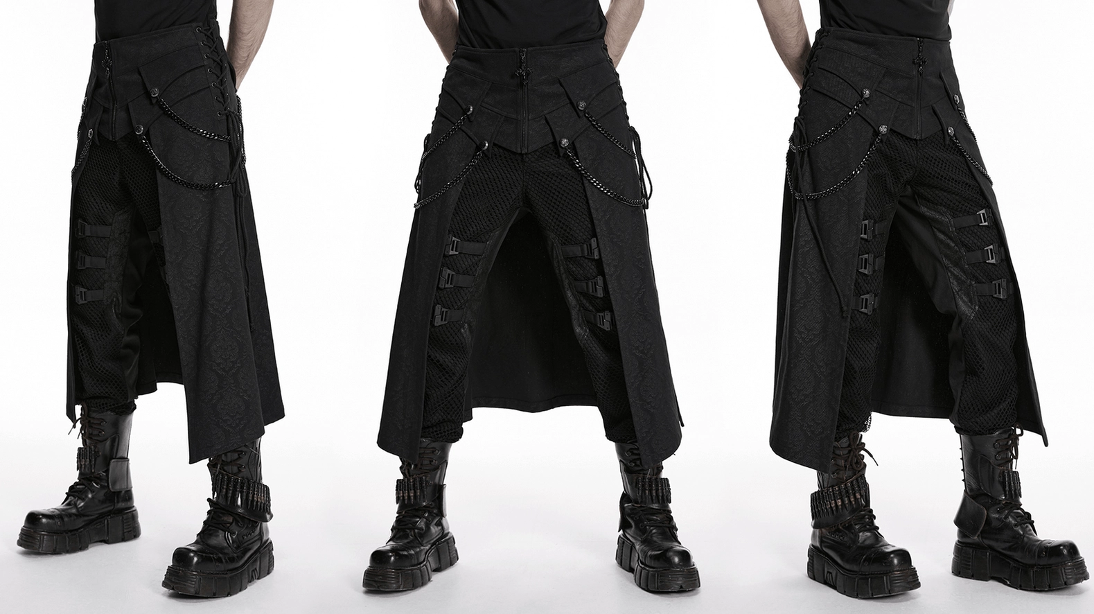 Black gothic kilt detail view showing embossed fabric texture and constructed panel arrangement flat lay