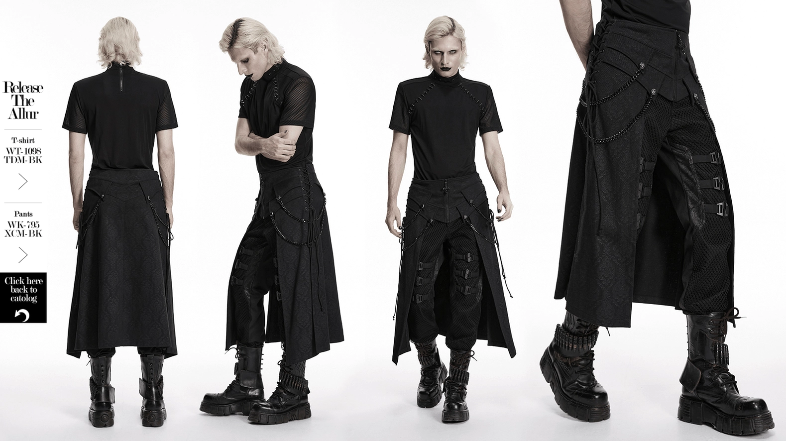 Black gothic kilt alternative angle flat lay highlighting fish gill panel design and chain hardware integration