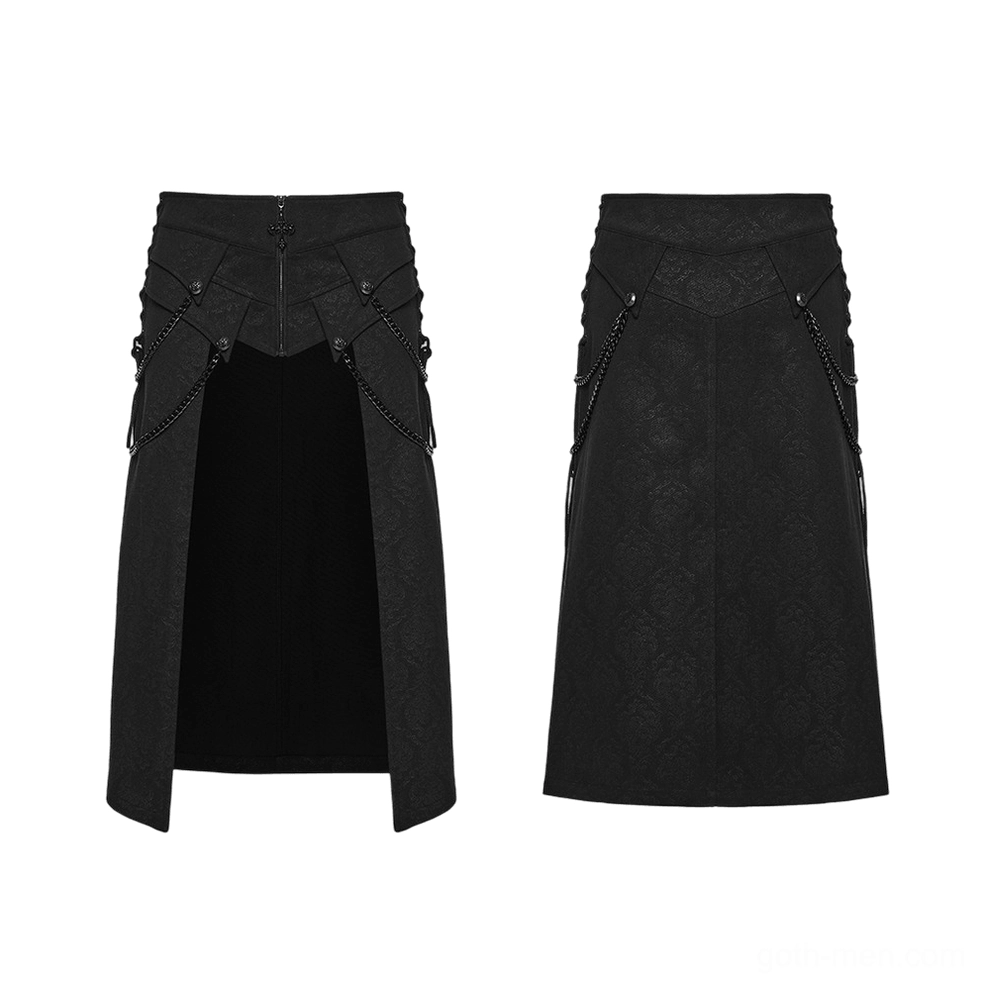 Black gothic kilt flat lay front view showing split front panels with chain harness and embossed twill fabric texture