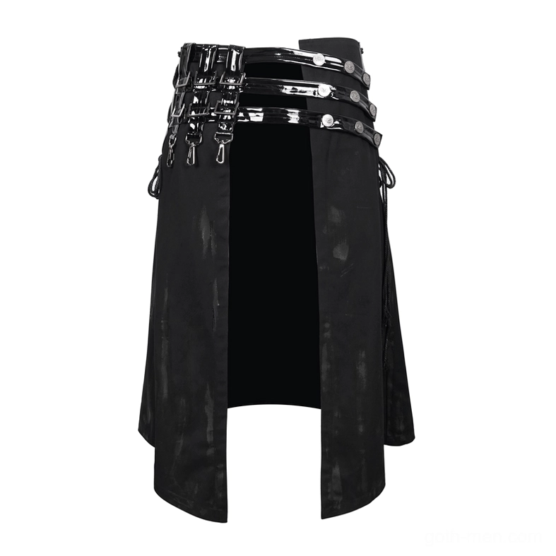 Flat lay front view of black gothic punk kilt showing multi-layer patent leather belts with D-ring hardware accents