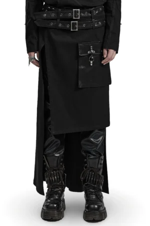 Black Gothic Asymmetrical Utility Kilt front view with dual leather belts and cargo pocket on model