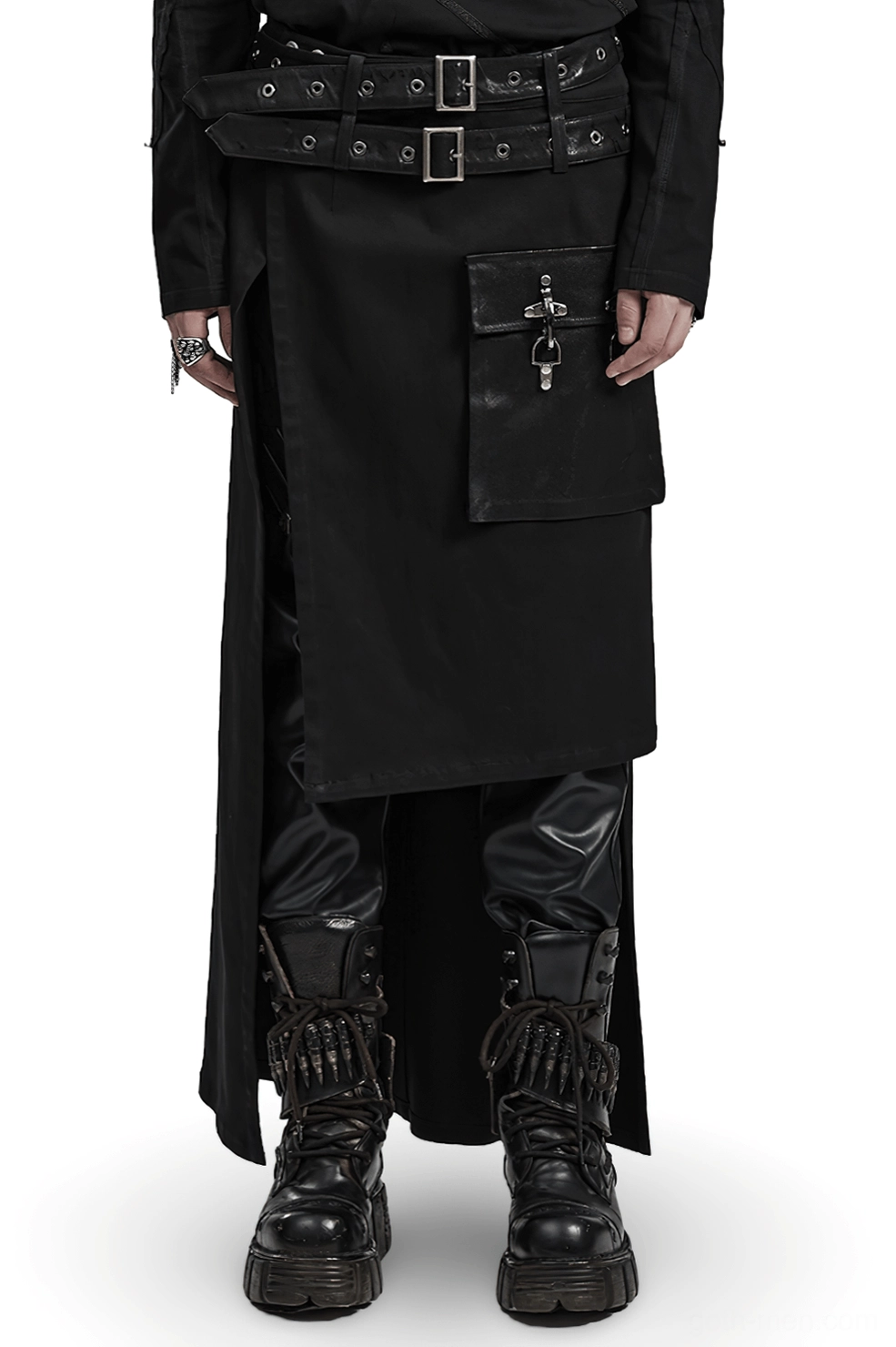 Black Gothic Asymmetrical Utility Kilt front view with dual leather belts and cargo pocket on model