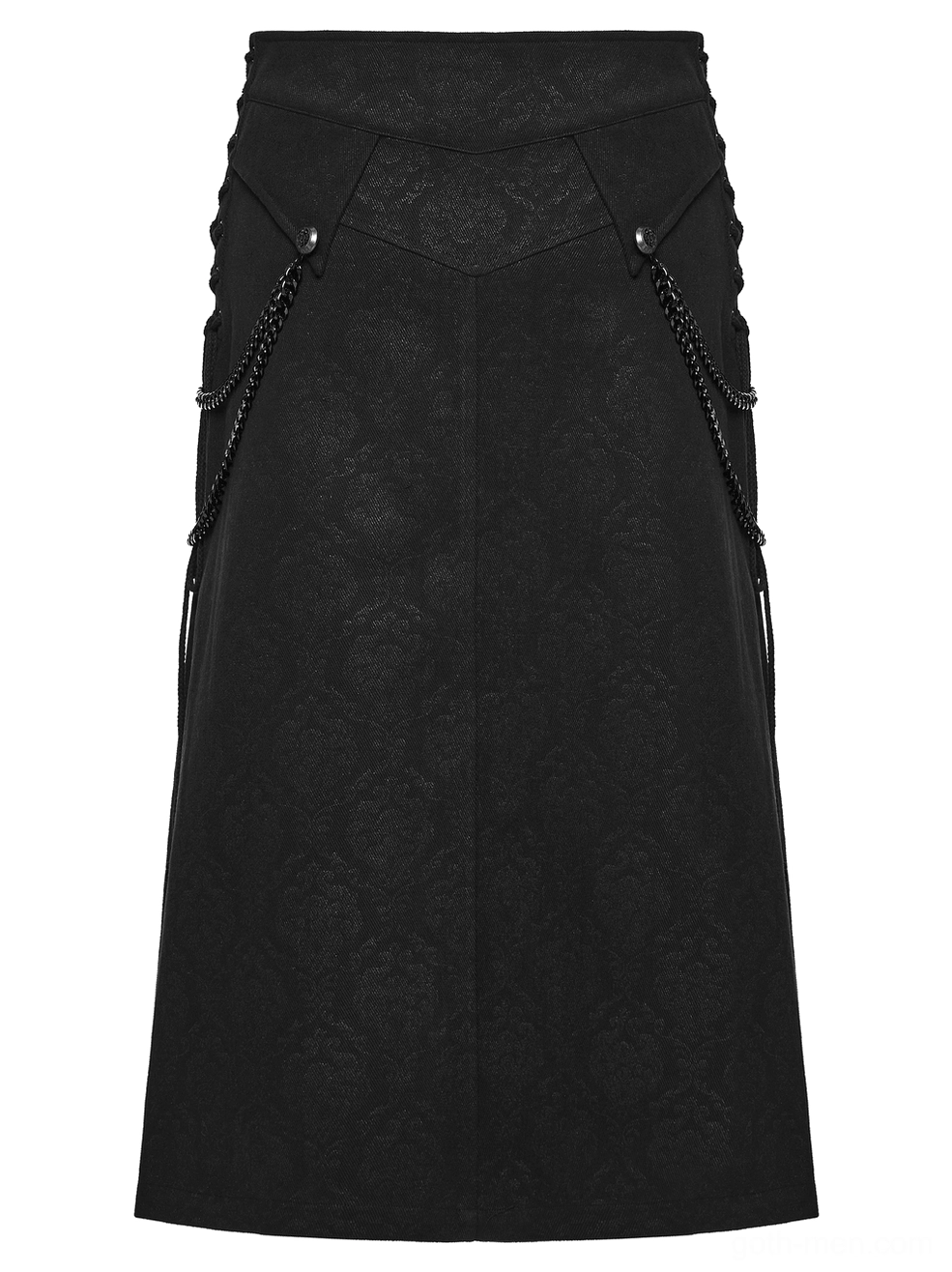 Black gothic kilt flat lay front panel view showing smooth embossed cotton twill fabric and structured waist design