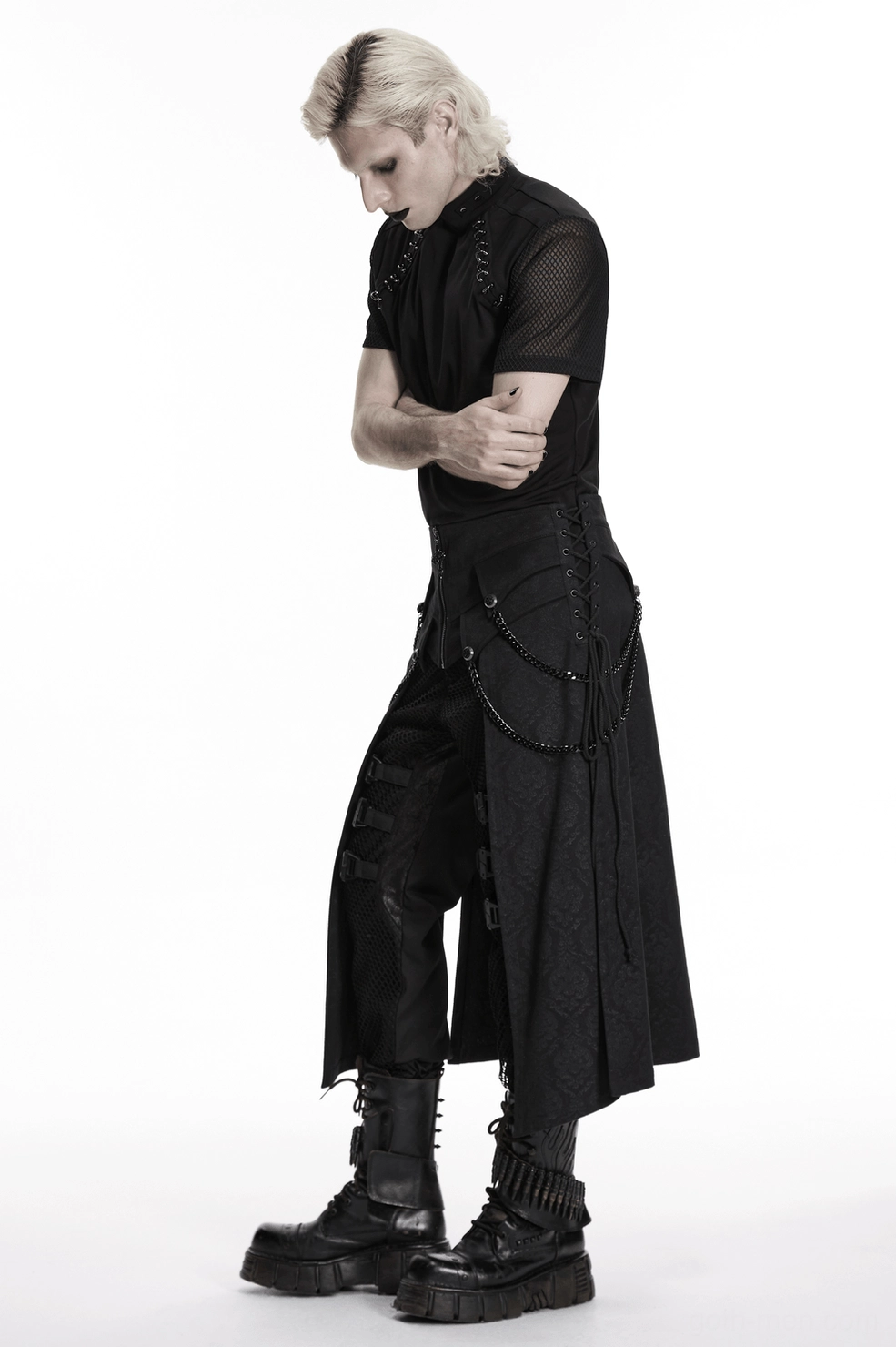 Black gothic kilt full length flat lay view showing complete garment proportions and industrial design elements
