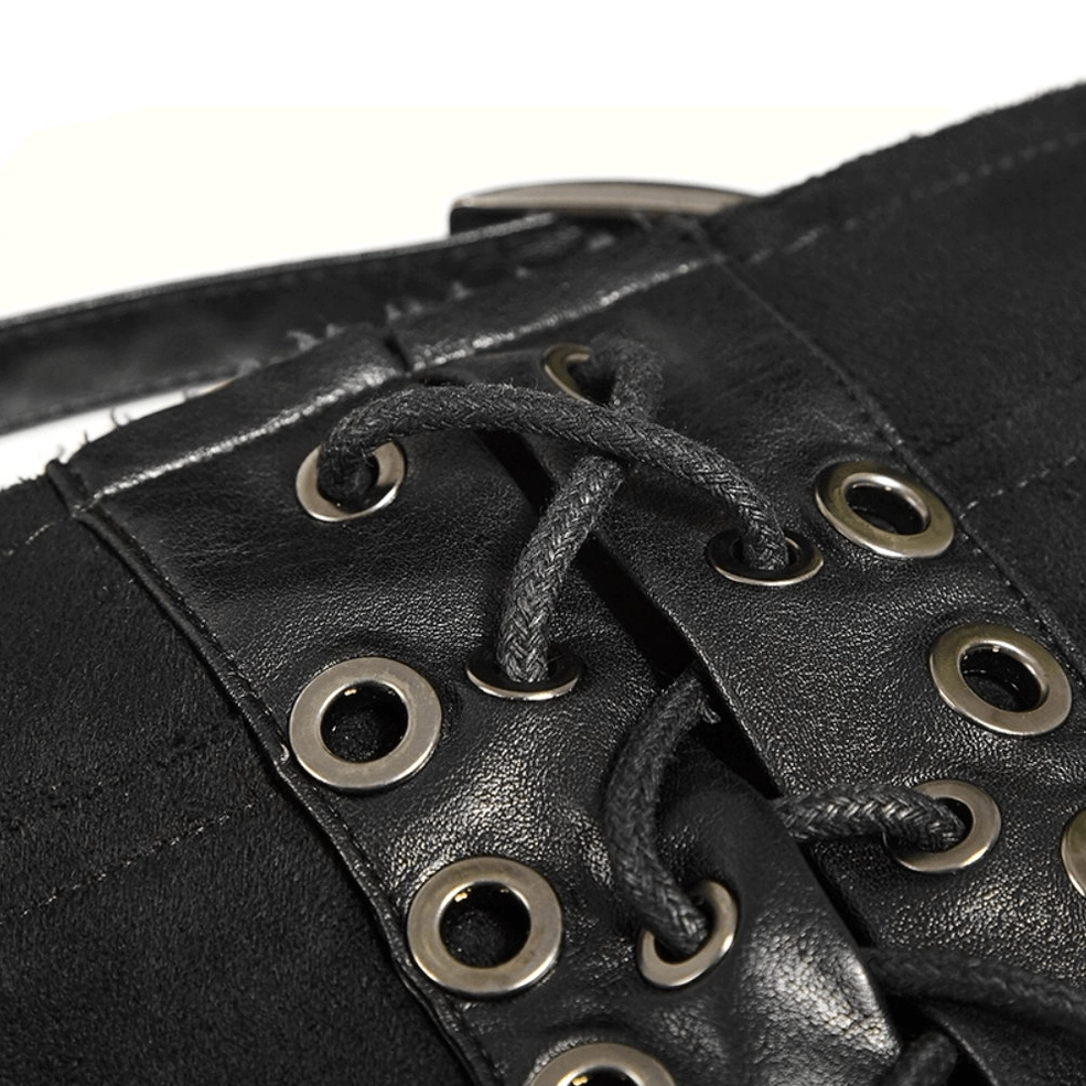 Close-up detail of black gothic kilt hardware showing metal eyelets, leather laces, and faux leather straps with buckle accents