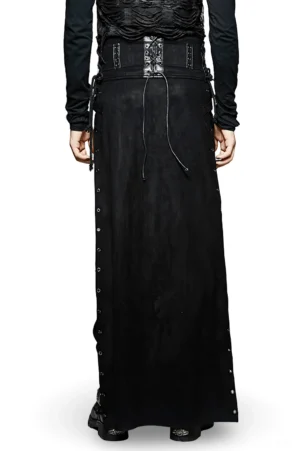 Black gothic kilt rear view with lace-up corset-style waistband and full-length hem, displayed on male model