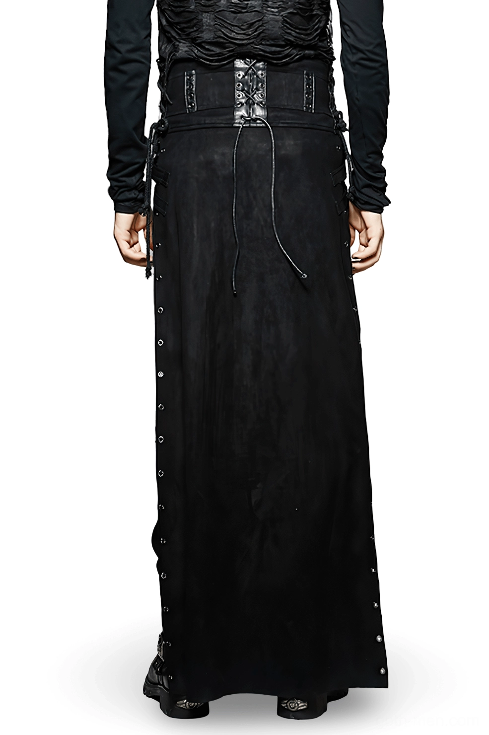 Black gothic kilt rear view with lace-up corset-style waistband and full-length hem, displayed on male model